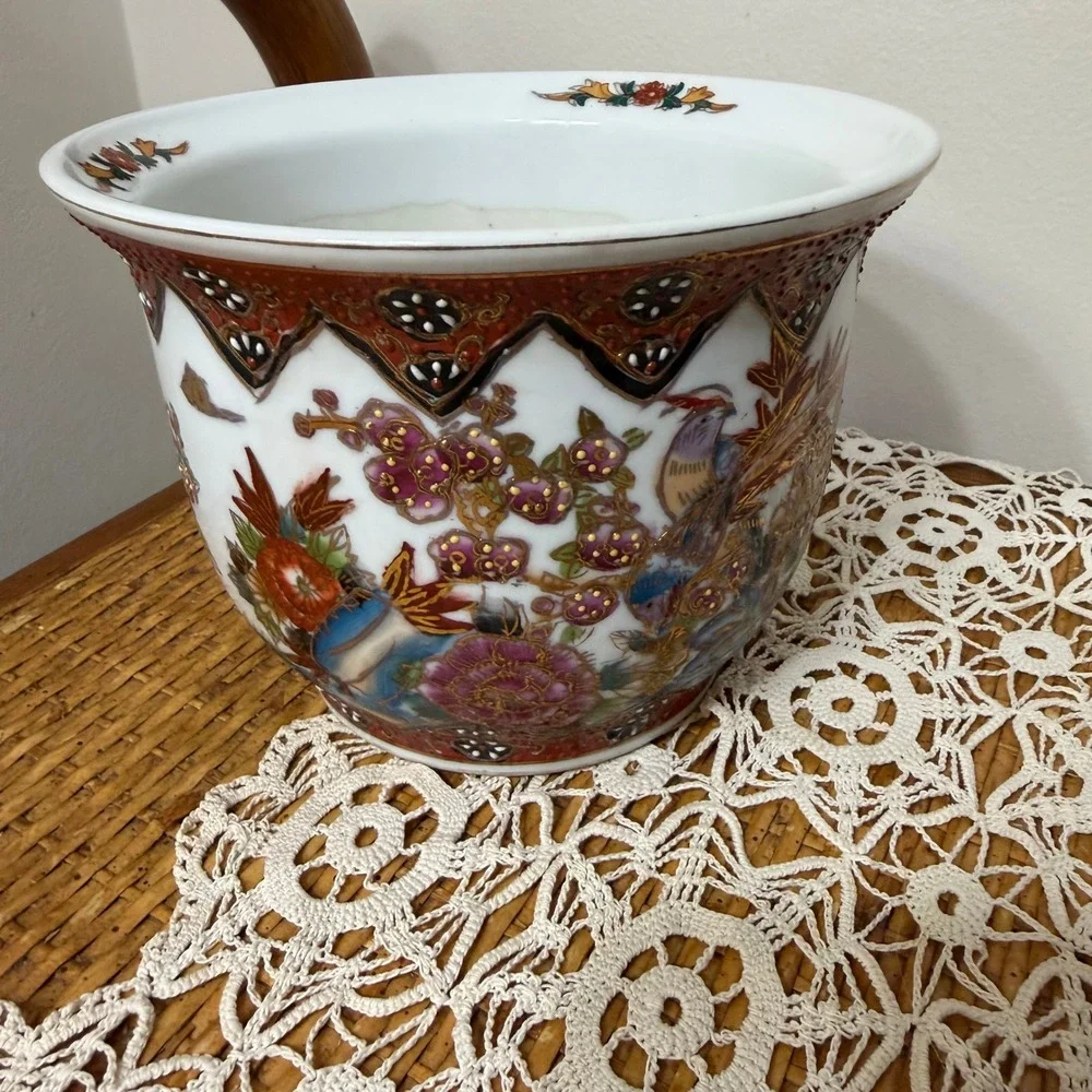 Vintage Chinese Export Porcelain Jardiniere Planter Birds Flowers Gold Gilt 5